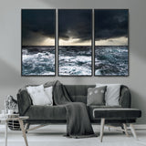 42607-MGV-FC-48X32-3P_Black-Stormy Ocean Wall Art – Dramatic Sea and Sky Canvas Print with Sun Rays, Moody Nature Decor for Living Room, Office, Bedroom or