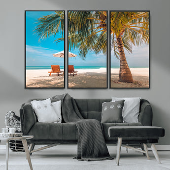 69754-MGV-CV-36X24-Tropical Beach Wall Art – Relaxing Palm Tree and Lounge Chairs Canvas Print, Serene Coastal Decor for Living Room, Bedroom, Office