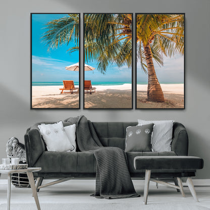 69754-MGV-CV-36X24-Tropical Beach Wall Art – Relaxing Palm Tree and Lounge Chairs Canvas Print, Serene Coastal Decor for Living Room, Bedroom, Office