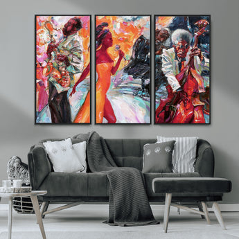 24452-MGV-CV-36X24-Vibrant Jazz Musician Painting - Expressive Art Print of Live Jazz Band, Perfect Wall Decor for Music Lovers and Art Enthusiasts