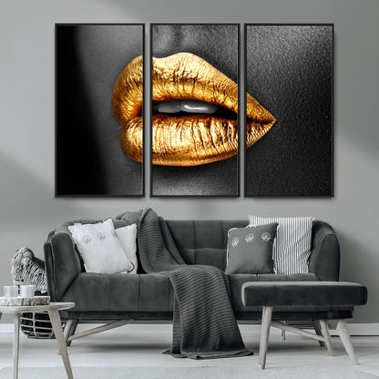 84747-MGV-FC-48X32-3P_Black-Golden Lips Black & White Portrait – Glamorous Metallic Lip Art Print, Modern Wall Decor for Bedroom, Beauty & Fashion Lover Gift