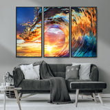 52890-MGV-CV-36X24-Surfing Wave Wall Art Canvas Print, Framed Sunset Ocean Art Picture Print, Ocean Wave Perfect Nautical Decor Artwork