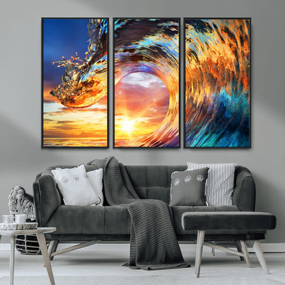 52890-MGV-CV-36X24-Surfing Wave Wall Art Canvas Print, Framed Sunset Ocean Art Picture Print, Ocean Wave Perfect Nautical Decor Artwork