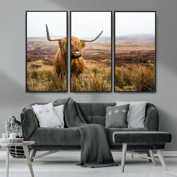 79391-MGV-CV-36X24-Majestic Highland Cow in Misty Scottish Moorland – Rustic Natural Charm, Perfect for Unique Home or Office Decor