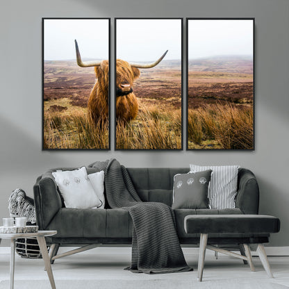 79391-MGV-CV-36X24-Majestic Highland Cow in Misty Scottish Moorland – Rustic Natural Charm, Perfect for Unique Home or Office Decor