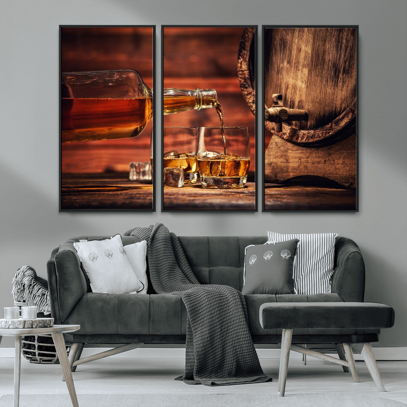 21266-MGV-CV-36X24-Pouring Whiskey into Glasses with Ice – Rustic Wooden Barrel Background, Warm Ambient Lighting, Ideal Decor for Home or Office