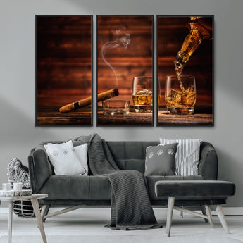 41139-MGV-CV-36X24-Whiskey and Cigar Still Life – Glasses with Ice and Pouring Amber Drink on Wooden Table with Smoke, Elegant Bar or Lounge Wall