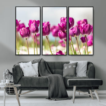 30632-MGV-CV-36X24-Purple Tulip Field Wall Art – Beautiful Spring Flowers Canvas Print with Soft Focus and Bright Sky, Ideal Floral Decor for Home or