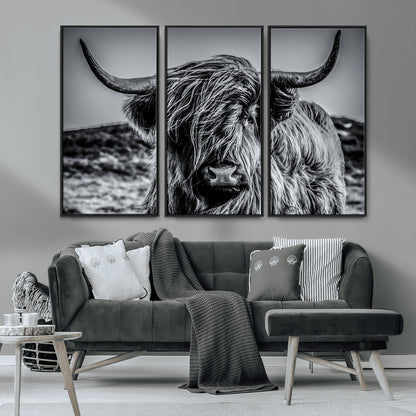 97372-MGV-CV-36X24-Elegant Highland Cow Wall Art – Black and White Canvas Print, Rustic Nature Decor for Home, Office, Living Room or Man Cave
