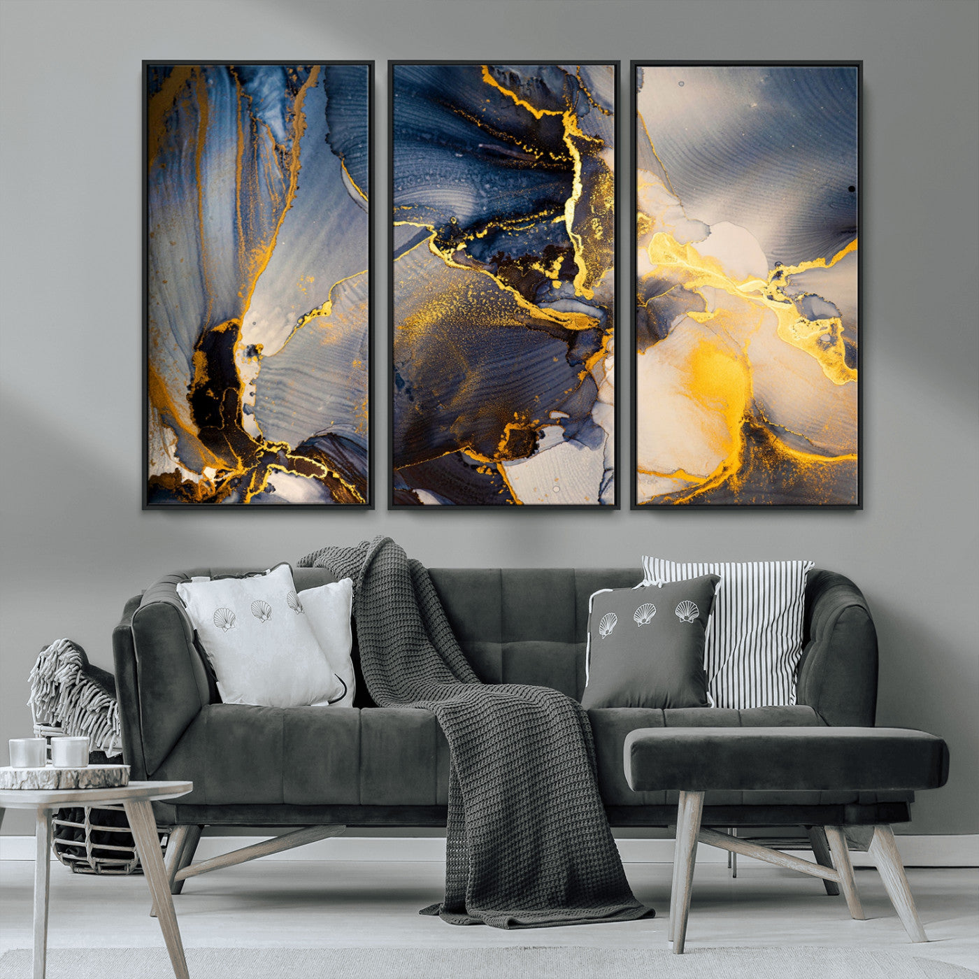 42100-MGV-CV-36X24-Golden Flow Abstract Wall Art – Panoramic Modern Blue and Gold Canvas Print, Contemporary Artistic Decor for Home, Office