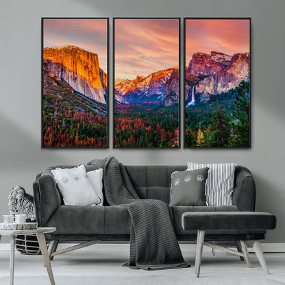 24519-MGV-CV-36X24-Yosemite Valley Sunset Wall Art – Majestic Mountain Landscape with Waterfall and Vibrant Sky, Nature Photography for Home or