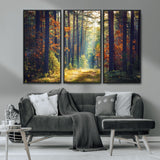 86249-MGV-FC-48X32-3P_Black-Sunlit Autumn Forest Path Wall Art – Peaceful Nature Scene with Fall Foliage, Calming Woods Decor for Home or Office
