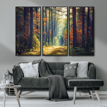 86249-MGV-FC-48X32-3P_Black-Sunlit Autumn Forest Path Wall Art – Peaceful Nature Scene with Fall Foliage, Calming Woods Decor for Home or Office