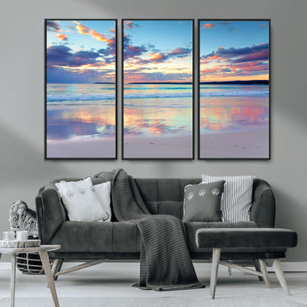 64882-MGV-FC-48X32-3P_Black-Tranquil Sunset Beach Wall Art – Panoramic Ocean Reflection Canvas Print, Calm Coastal Decor for Bedroom, Living Room or Office
