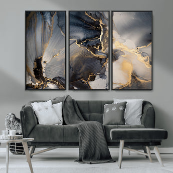 24068-MGV-CV-36X24-Luxury Abstract Wall Art – Gold & Gray Fluid Ink Painting Canvas, Modern Metallic Home Decor, Elegant Office or Living Room Accent
