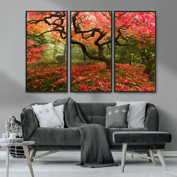 73343-MGV-FC-48X32-3P_Black-Autumn Maple Wall Art – Panoramic Vibrant Red Maple Tree Canvas Print, Seasonal Nature Decor for Office, Living Room or Garden