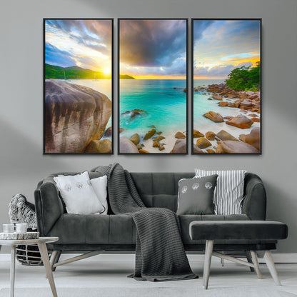 23769-MGV-CV-36X24-Tropical Beach Sunset Wall Art – Ocean Waves and Rocky Shore Canvas Print, Coastal Seascape Photography Decor