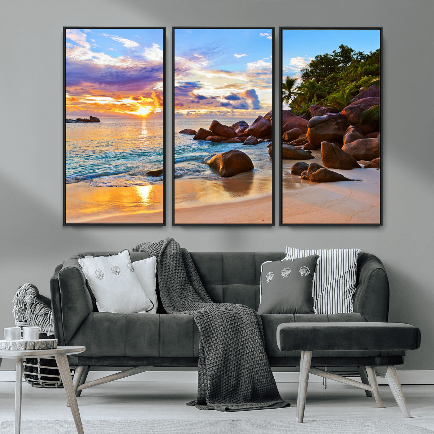 43209-MGV-CV-36X24-Tropical Beach Sunset Wall Art – Golden Ocean Waves and Palm Trees with Rocky Shore Canvas Print, Coastal Seascape Decor for
