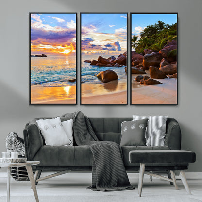 43209-MGV-CV-36X24-Tropical Beach Sunset Wall Art – Golden Ocean Waves and Palm Trees with Rocky Shore Canvas Print, Coastal Seascape Decor for