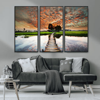 29105-MGV-CV-36X24-Rustic Wooden Bridge Wall Art – Scenic Sunset Over Rice Fields and Reflective Water Canvas Print, Nature Landscape Decor for