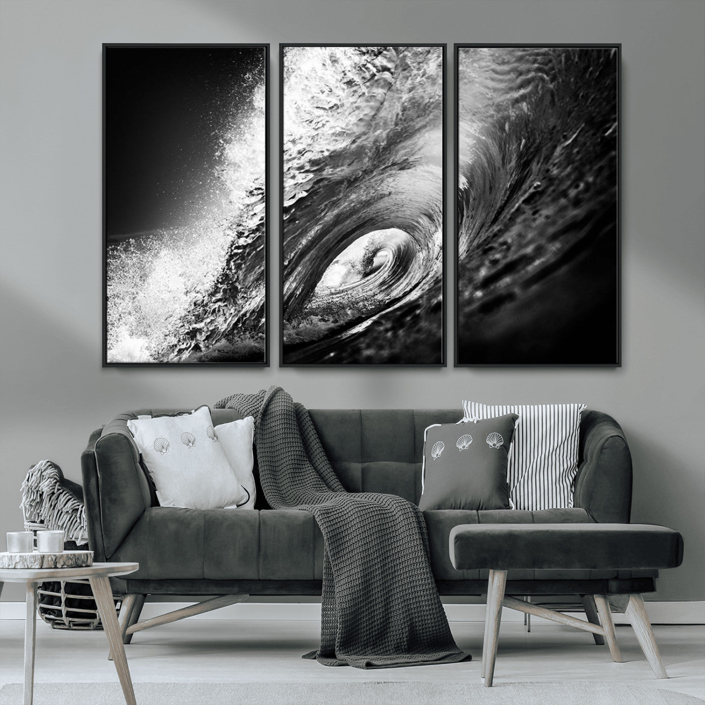 22702-MGV-CV-36X24-Black and White Ocean Wave Wall Art – Powerful Surf Curl Photography Canvas Print, Modern Coastal Decor for Living Room, Office or