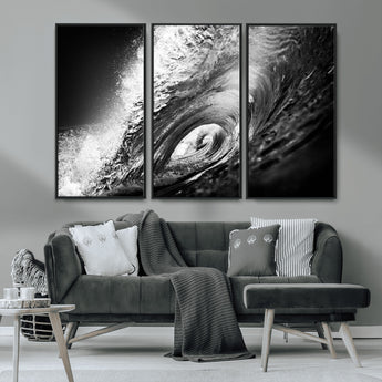 22702-MGV-CV-36X24-Black and White Ocean Wave Wall Art – Powerful Surf Curl Photography Canvas Print, Modern Coastal Decor for Living Room, Office or