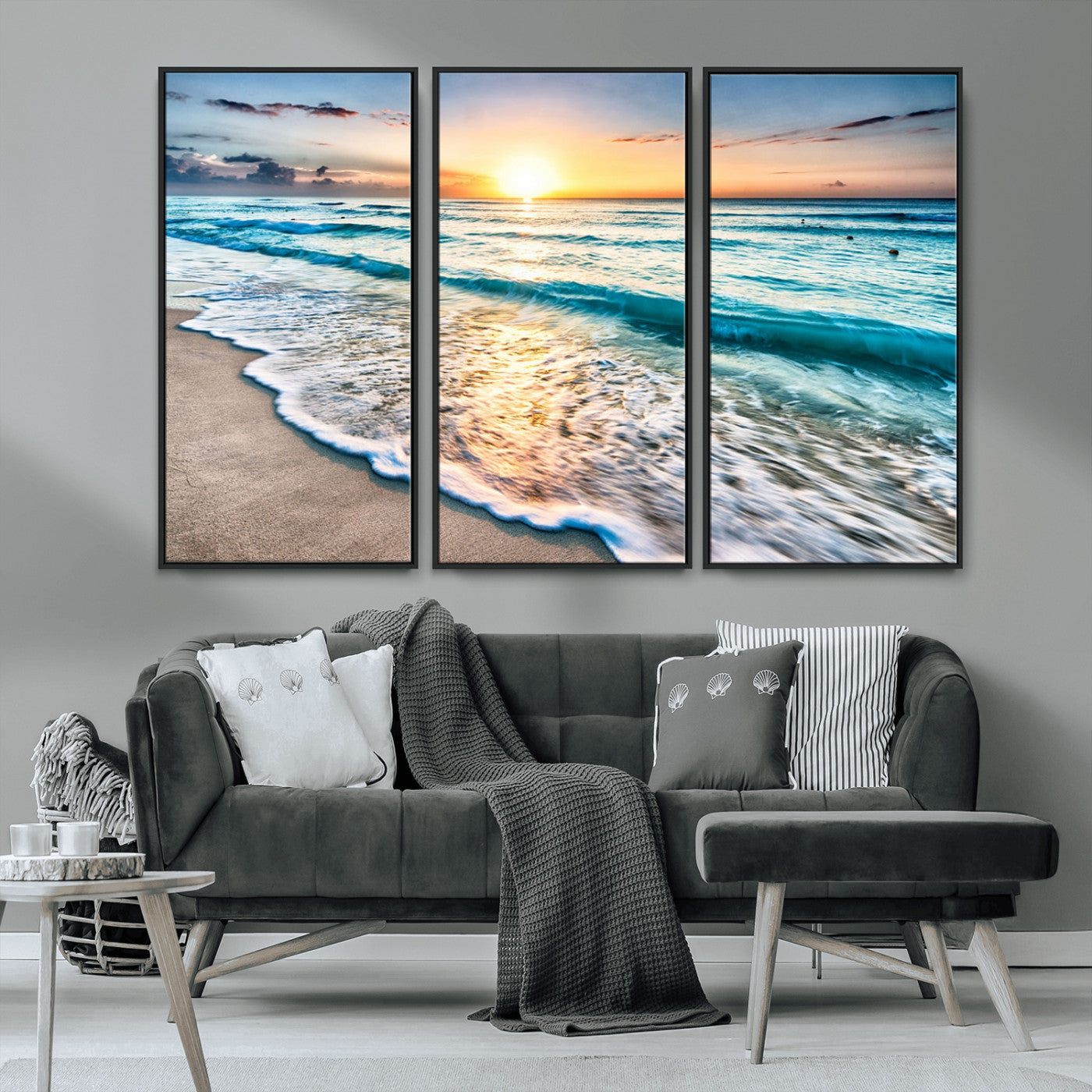 27815-MGV-CV-36X24-Ocean Sunrise Beach Wall Art – Serene Coastal Canvas Print with Waves and Golden Morning Light, Relaxing Seascape Decor for