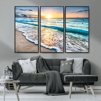 27815-MGV-CV-36X24-Ocean Sunrise Beach Wall Art – Serene Coastal Canvas Print with Waves and Golden Morning Light, Relaxing Seascape Decor for