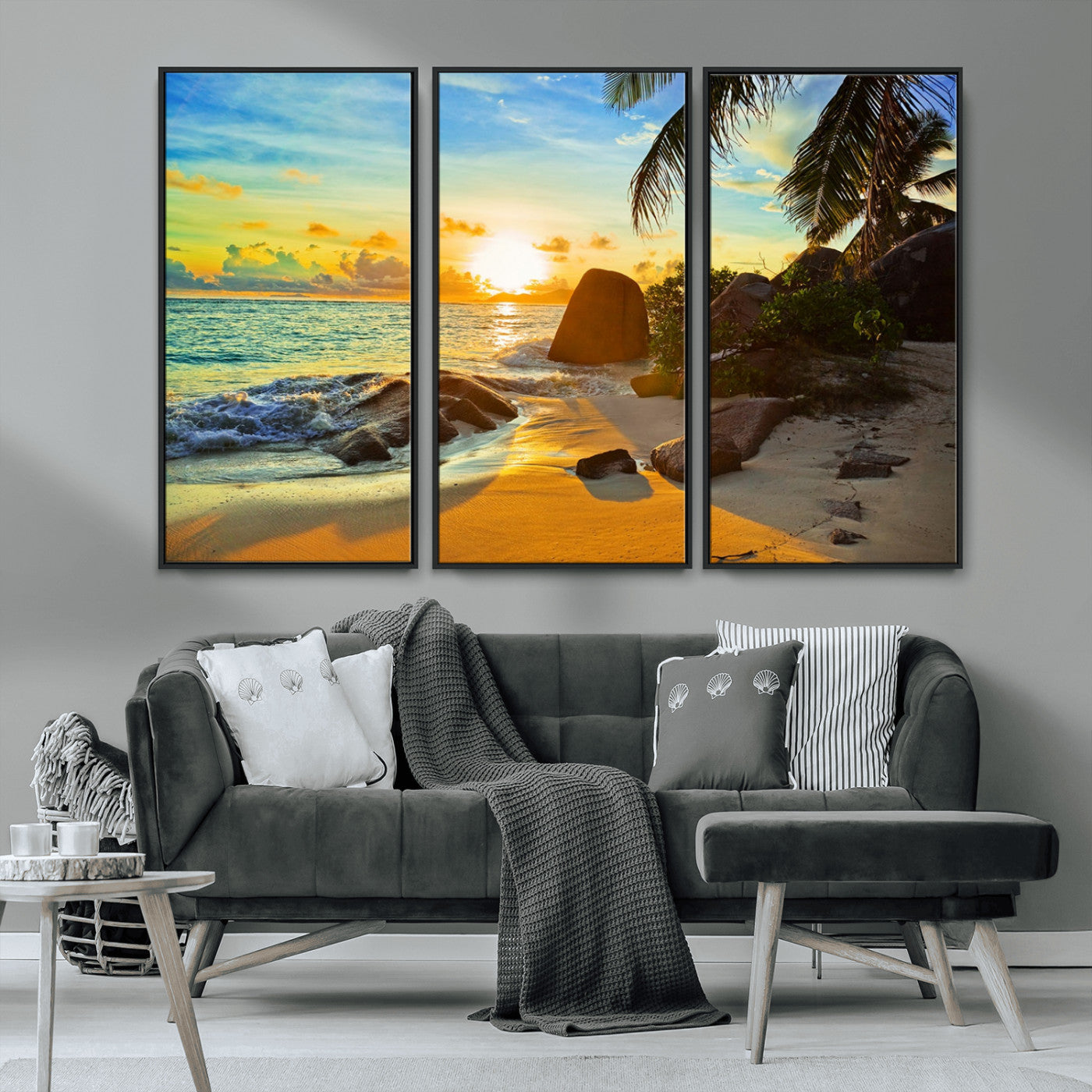 26181-MGV-CV-36X24-Golden Tropical Sunset Beach Wall Art – Ocean Canvas Print with Palm Trees and Rocks, Coastal Paradise Decor for Living Room or