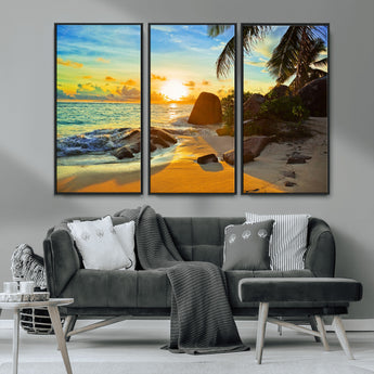 26181-MGV-CV-36X24-Golden Tropical Sunset Beach Wall Art – Ocean Canvas Print with Palm Trees and Rocks, Coastal Paradise Decor for Living Room or