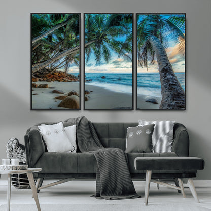 39679-MGV-CV-36X24-Tropical Palm Beach Wall Art – Serene Ocean Canvas Print with Palm Trees and Rocks, Coastal Paradise Decor for Living Room or