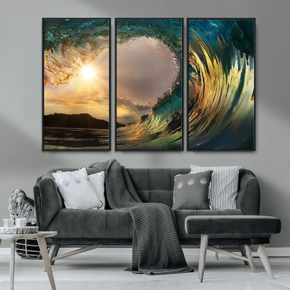 38256-MGV-CV-36X24-Ocean Wave Wall Art – Stunning Sunrise Through Curling Wave Canvas Print, Coastal Surf Photography Seascape Decor for Living Room,