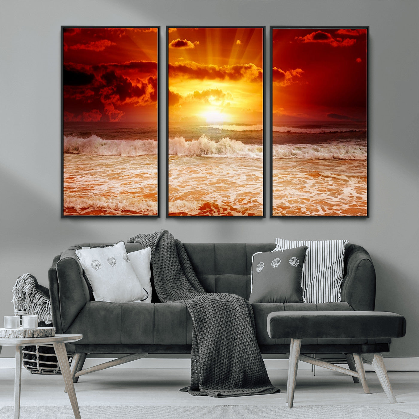 60211-MGV-FC-48X32-3P_Black-Fiery Sunset Ocean Waves Canvas Print – Vibrant Red & Orange Coastal Wall Art, Dramatic Seascape Decor