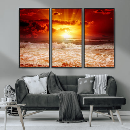 60211-MGV-CV-36X24-Fiery Sunset Ocean Wall Art – Red Sky Seascape Canvas Print with Waves, Bold Coastal Sunset Decor for Living Room or Bedroom