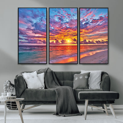 72836-MGV-CV-36X24-Fiery Sunset Beach Wall Art – Panoramic Vibrant Ocean Canvas Print, Dramatic Coastal Decor for Living Room, Bedroom or Office