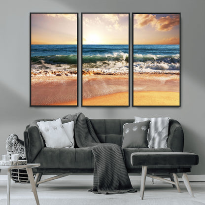 79005-MGV-CV-36X24-Golden Sunrise Ocean Waves Wall Art – Panoramic Seashore Canvas Print, Calming Coastal Decor for Home, Office or Relaxation Space