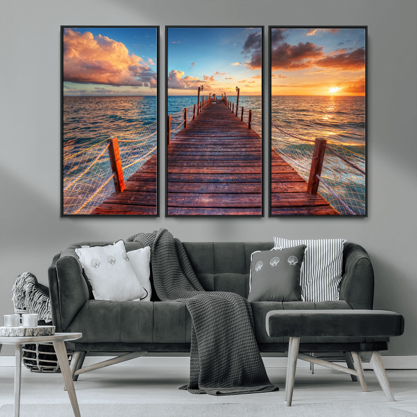 28836-MGV-CV-36X24-Ocean Pier Sunset Wall Art – Wooden Dock and Golden Horizon Canvas Print, Coastal Seascape Photography for Living Room, Bedroom,