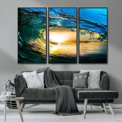 19378-MGV-CV-36X24-Ocean Wave Sunset Wall Art – Vibrant Surf and Golden Horizon Canvas Print, Coastal Seascape Photography for Living Room, Bedroom,