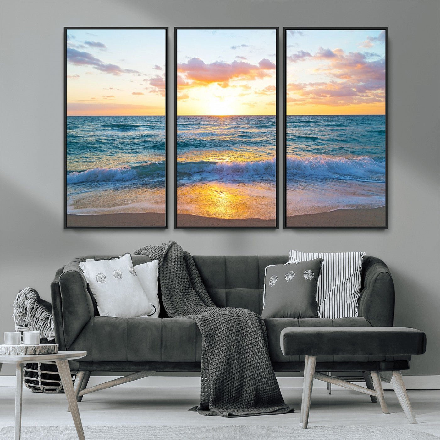 78006-MGV-CV-36X24-Golden Sunrise Ocean Wall Art – Panoramic Beach Waves Canvas Print, Coastal Seascape Artwork for Living Room, Bedroom, Office, or
