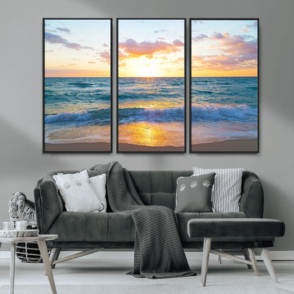78006-MGV-CV-36X24-Golden Sunrise Ocean Wall Art – Panoramic Beach Waves Canvas Print, Coastal Seascape Artwork for Living Room, Bedroom, Office, or
