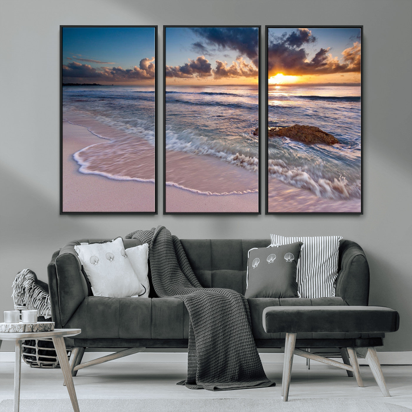 94906-MGV-CV-36X24-Sunrise Beach Wall Art – Panoramic Ocean Waves Canvas Print, Coastal Sunset Seascape Artwork for Living Room, Bedroom, or Office