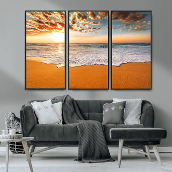 15399-MGV-CV-36X24-Golden Sunrise Beach Wall Art – Ocean Waves on Sandy Shore Canvas Print, Coastal Seascape Decor for Living Room or Bedroom