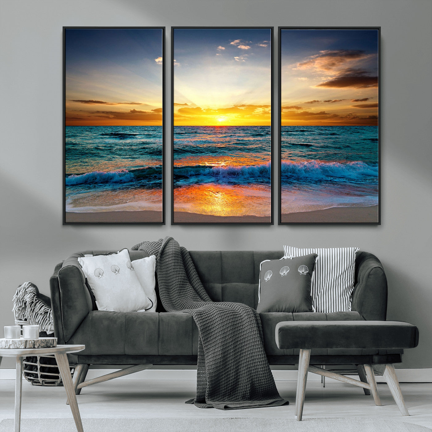 50627-MGV-CV-36X24-Ocean Sunset Wall Art – Serene Beach Canvas Print with Waves and Golden Sky, Coastal Decor for Living Room or Office