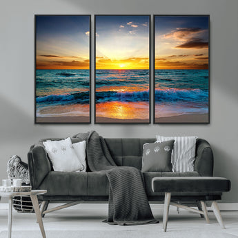 50627-MGV-CV-36X24-Ocean Sunset Wall Art – Serene Beach Canvas Print with Waves and Golden Sky, Coastal Decor for Living Room or Office