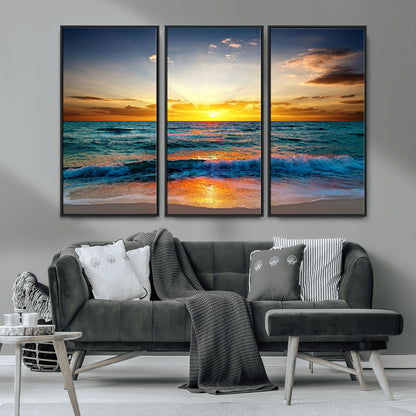 50627-MGV-CV-36X24-Ocean Sunset Wall Art – Serene Beach Canvas Print with Waves and Golden Sky, Coastal Decor for Living Room or Office