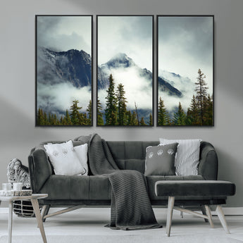93219-MGV-CV-36X24-Misty Mountain Wall Art – Foggy Pines and Rocky Peaks Canvas Print, Nature Landscape Decor for Living Room, Office or Bedroom