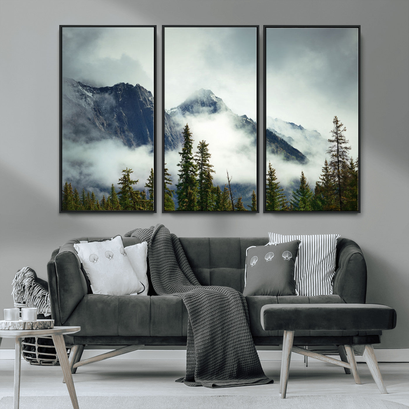 93219-MGV-CV-36X24-Misty Mountain Wall Art – Foggy Pines and Rocky Peaks Canvas Print, Nature Landscape Decor for Living Room, Office or Bedroom