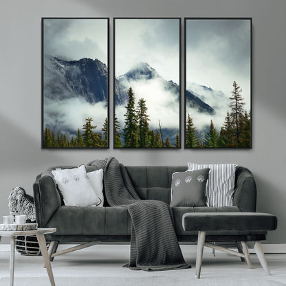 93219-MGV-CV-36X24-Misty Mountain Wall Art – Foggy Pines and Rocky Peaks Canvas Print, Nature Landscape Decor for Living Room, Office or Bedroom