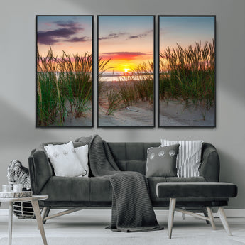 25576-MGV-CV-36X24-Beach Grass Sunset Wall Art – Coastal Sand Dune Landscape Canvas Print, Ocean View Nature Decor for Living Room or Office Wall