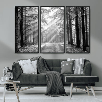 39665-MGV-FC-48X32-3P_Black-Black and White Forest Path Wall Art – Sunlight Rays in Trees Canvas Print, Nature Landscape Decor for Living Room or Office